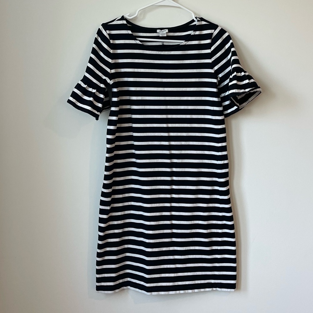 J. Crew dress size small. Black w/ white stripe. Ruffle sleeve